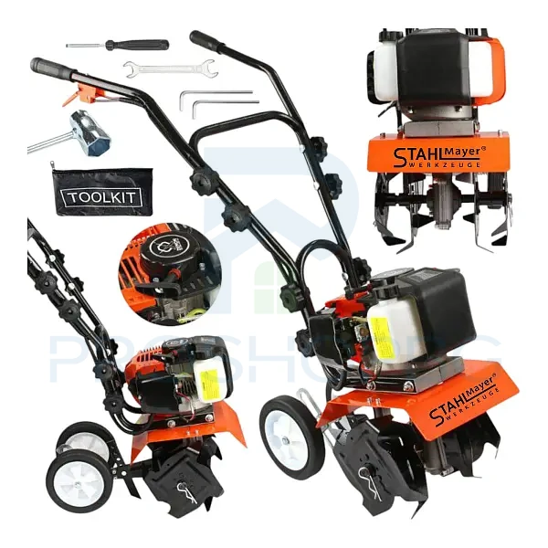 Бензинова мотофреза STAHLMAYER 74cc – Компактна и ефективна Бензиновата мотофреза STAHLMAYER 74cc е идеален избор за обработка на малки и средни по площ терени – перфектна за поддържане на лехи, тревни площи, разпръскване на тор и други градинарски дейности. Със своя лек, но мощен 2-тактов двигател, машината осигурява добра маневреност и висока производителност, като същевременно остава лесна за използване дори от непрофесионалисти.